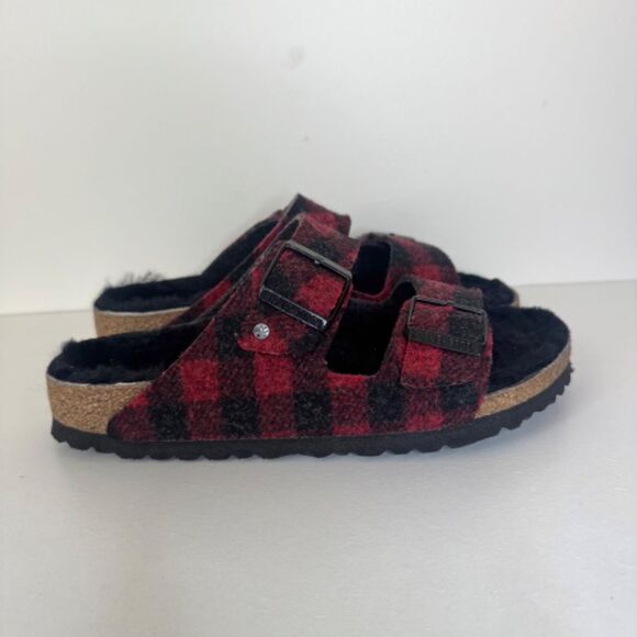 Birkenstock Arizona Shearling Slide Sandal - Red/Black Plaid | Size 39 - Picture 2 of 8